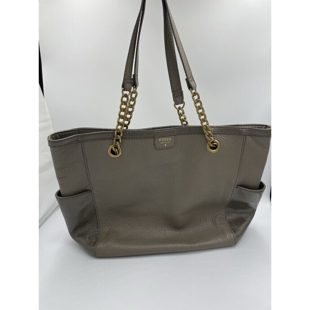 Fossil Women's TAUPE Leather Tote Mimi Handbag Chain Leather Handle Shoulder Bag